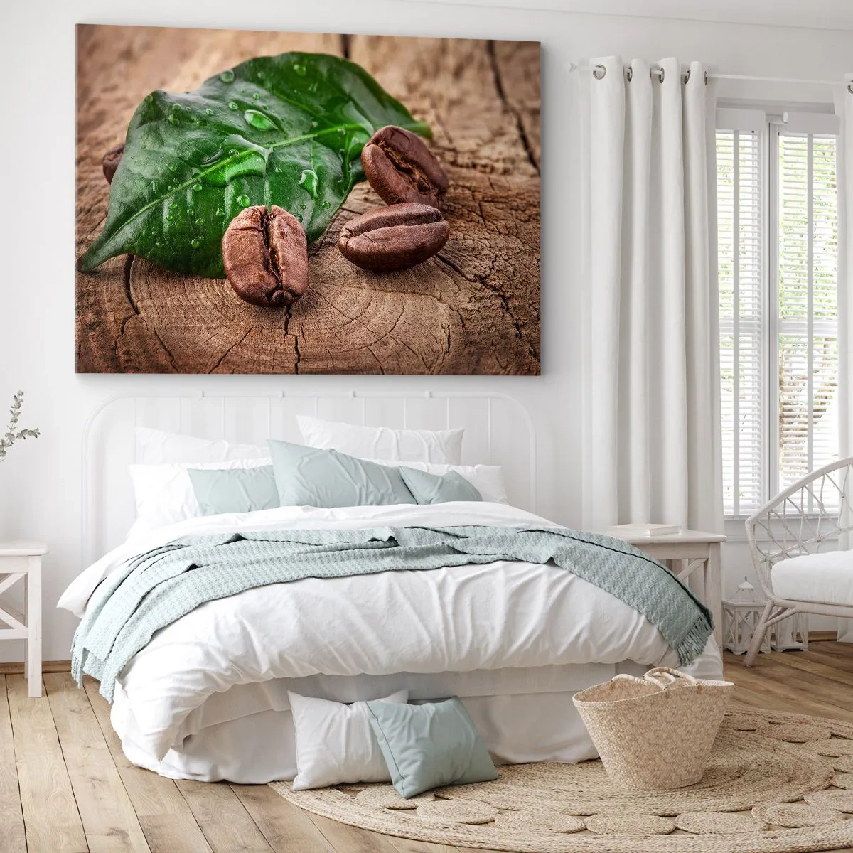 Impression sur toile - Image sur toile - Grains de café et feuille verte sur fond de bois - 70x50cm - La plus vraie et noire - Décoration murale moderne pour le salon et la chambre ARTTOR