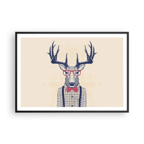 Affiche dans un cadre noir - Poster - Graphique stylisé d'un cerf portant des lunettes et un nœud papillon - 100x70cm - Une extravagance amusante - Décoration murale moderne pour le salon et la chambre ARTTOR