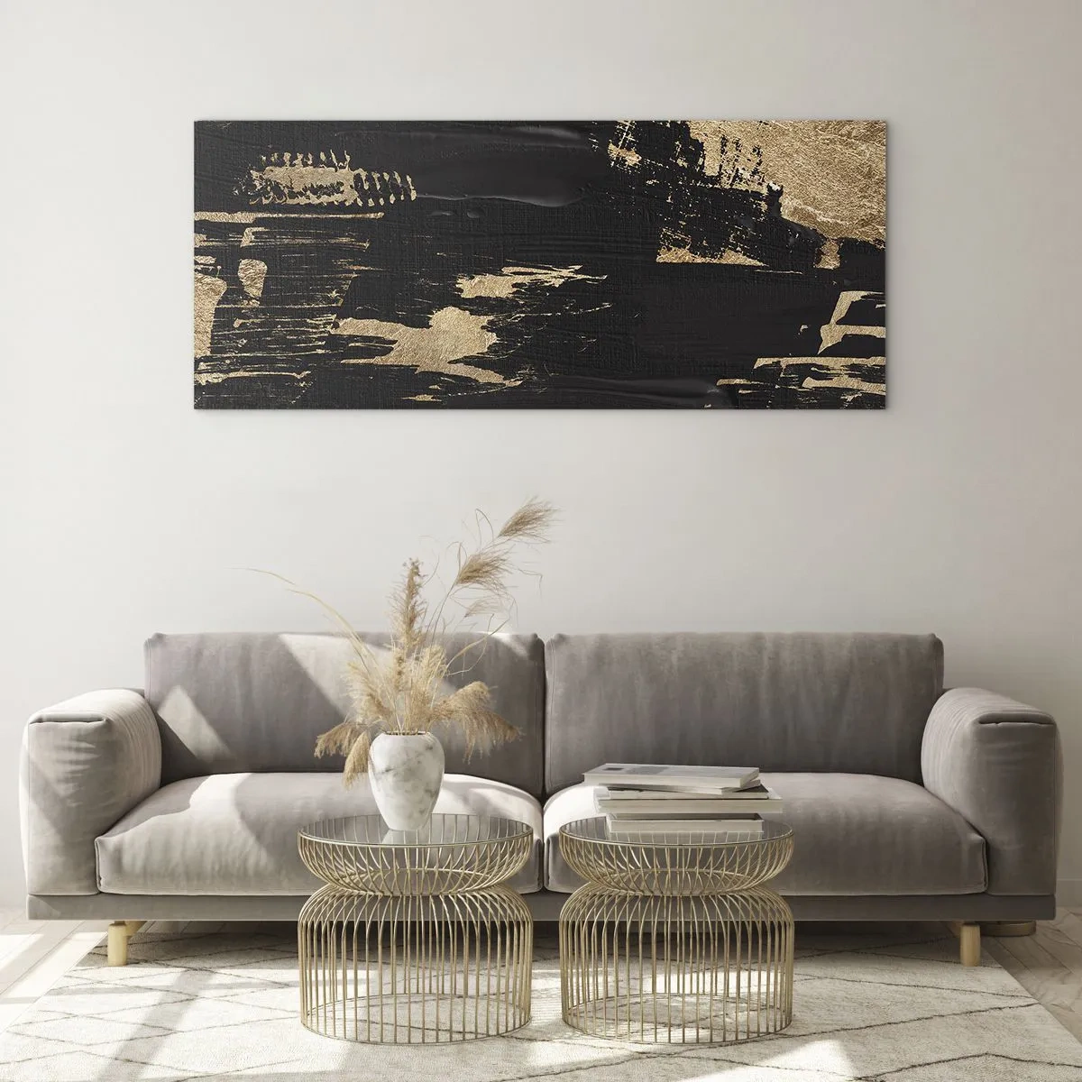 Impression sur verre - Image sur verre - Composition abstraite dans les tons de noir et d'or - 120x50cm - Empreinte du toucher - Décoration murale moderne pour le salon et la chambre ARTTOR