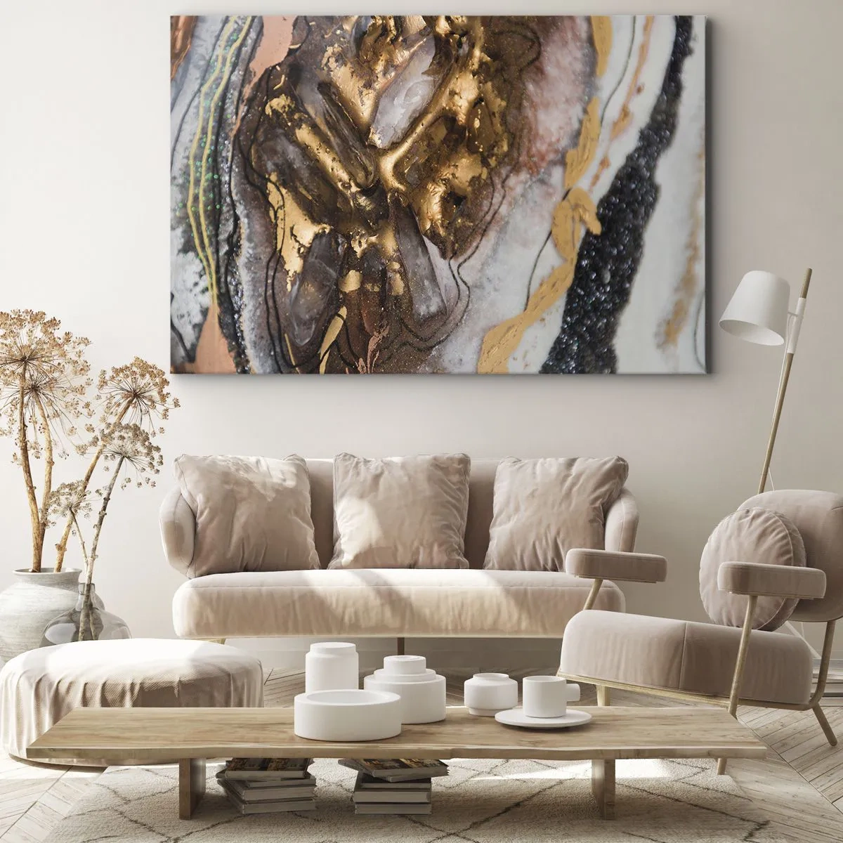 Impression sur toile - Image sur toile - Composition abstraite avec des éléments d'or et de cristaux - 70x50cm - Élément de la terre - Décoration murale moderne pour le salon et la chambre ARTTOR