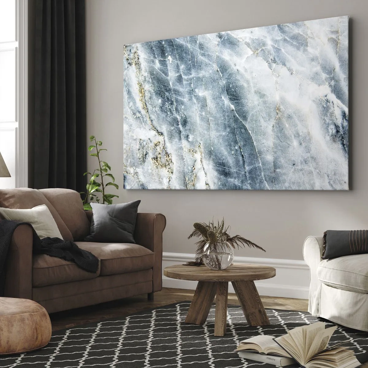 Impression sur toile - Image sur toile - Texture de marbre dans des tons de bleu et de blanc - 70x50cm - Monde de glace - Décoration murale moderne pour le salon et la chambre ARTTOR