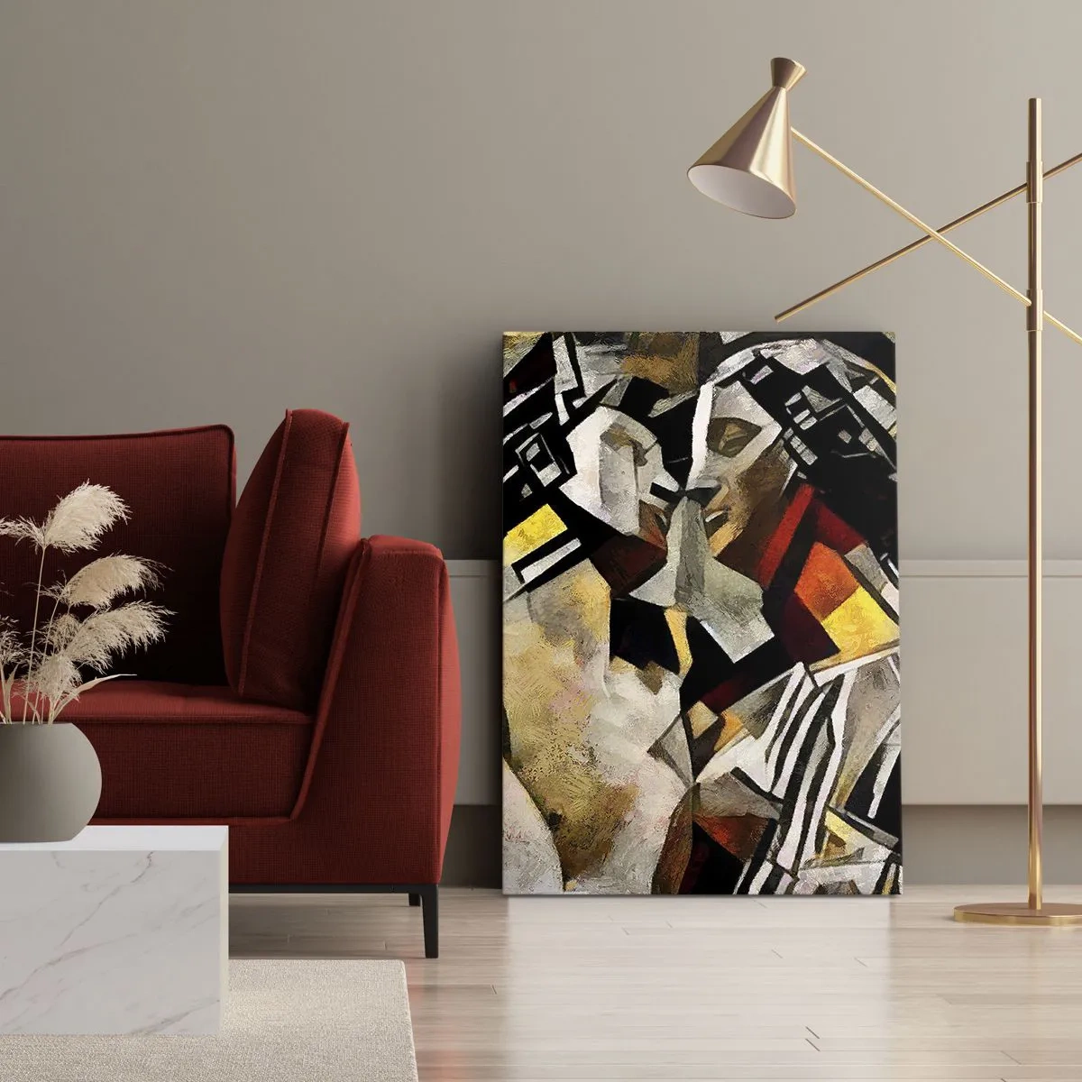 Impression sur toile - Image sur toile - Composition abstraite avec des silhouettes dans une forme dynamique - 50x70cm - Un baiser sculptural - Décoration murale moderne pour le salon et la chambre ARTTOR