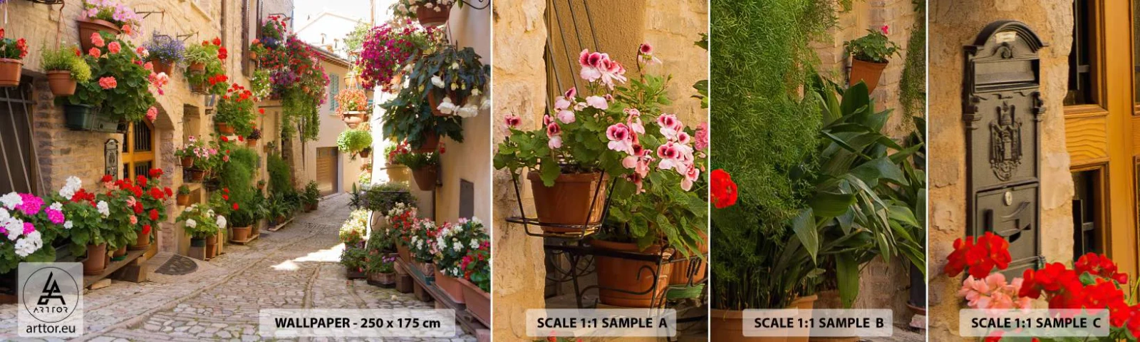 Échantillon De Papier Peint Standard Eco - Une inondation de fleurs - Ville, Italie, Belles rues - 100x30 cm