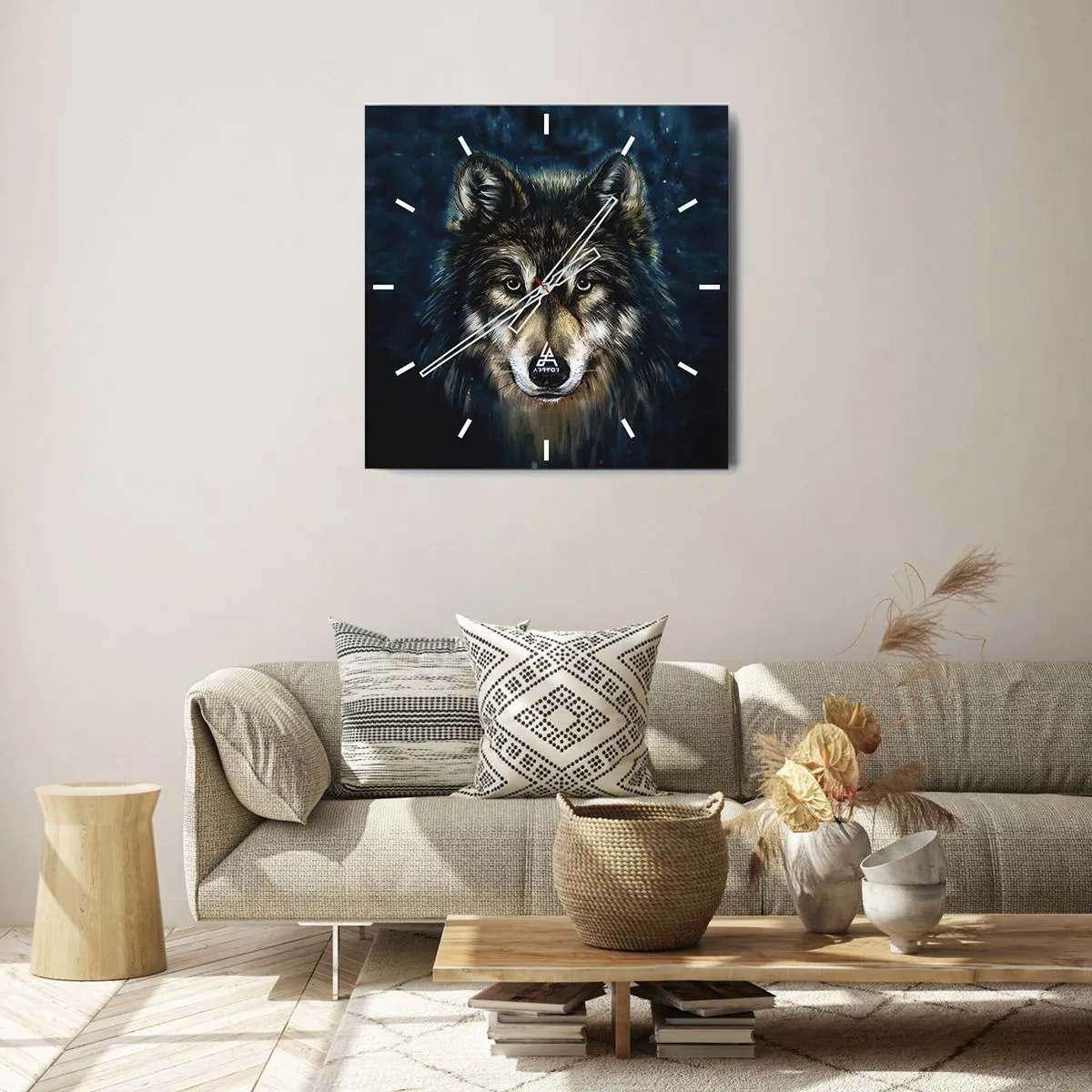 Horloge murale - Pendule murale - Portrait d'un loup sur fond bleu foncé - 30x30cm - Alpha? Et oméga - Décoration murale moderne pour le salon et la chambre ARTTOR