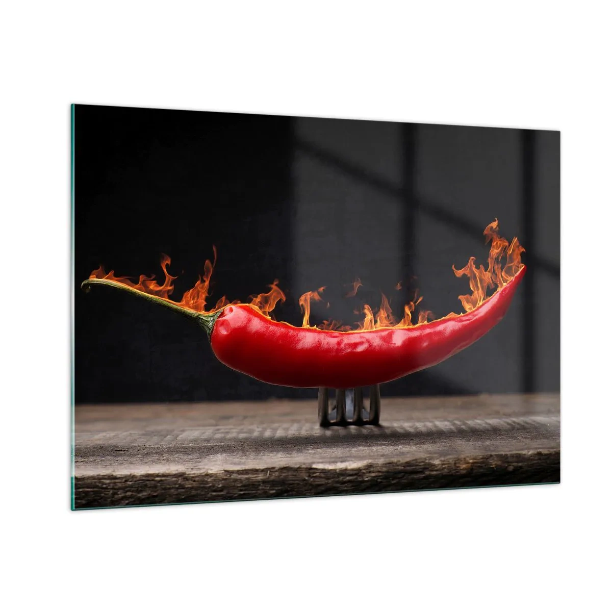 Impression sur verre - Image sur verre - Piment rouge brûlant sur fond noir - 100x70cm - Un apéritif enflammé - Décoration murale moderne pour le salon et la chambre ARTTOR