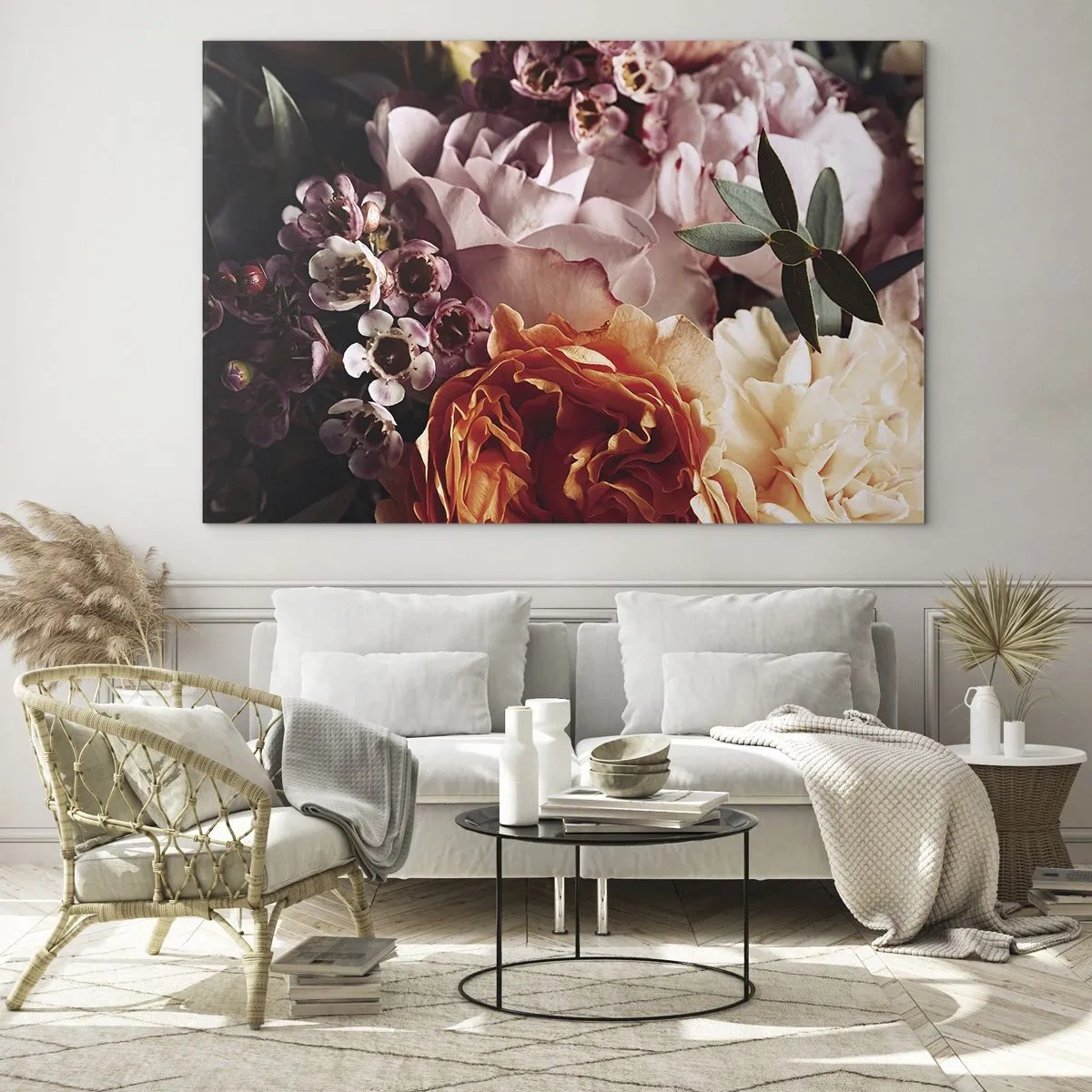 Impression sur verre - Image sur verre - Gros plan d'une composition de roses, d'œillets et de petites fleurs. - 70x50cm - Enveloppé de beauté - Décoration murale moderne pour le salon et la chambre ARTTOR