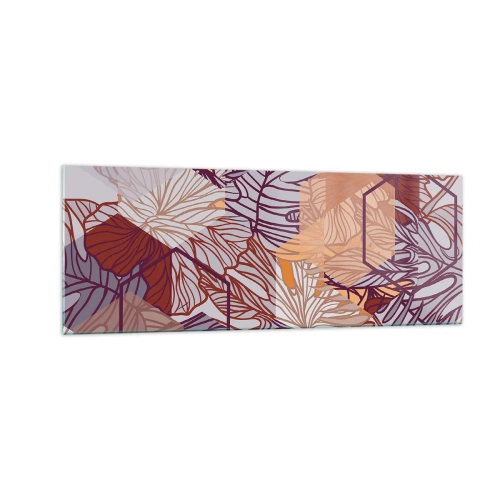 Impression sur verre - Image sur verre - Un motif décoratif de feuilles tropicales dans des tons de violet, d'orange et de beige. - 140x50cm - Relation impossible entre la géométrie et la nature - Décoration murale moderne pour le salon et la chambre ARTT