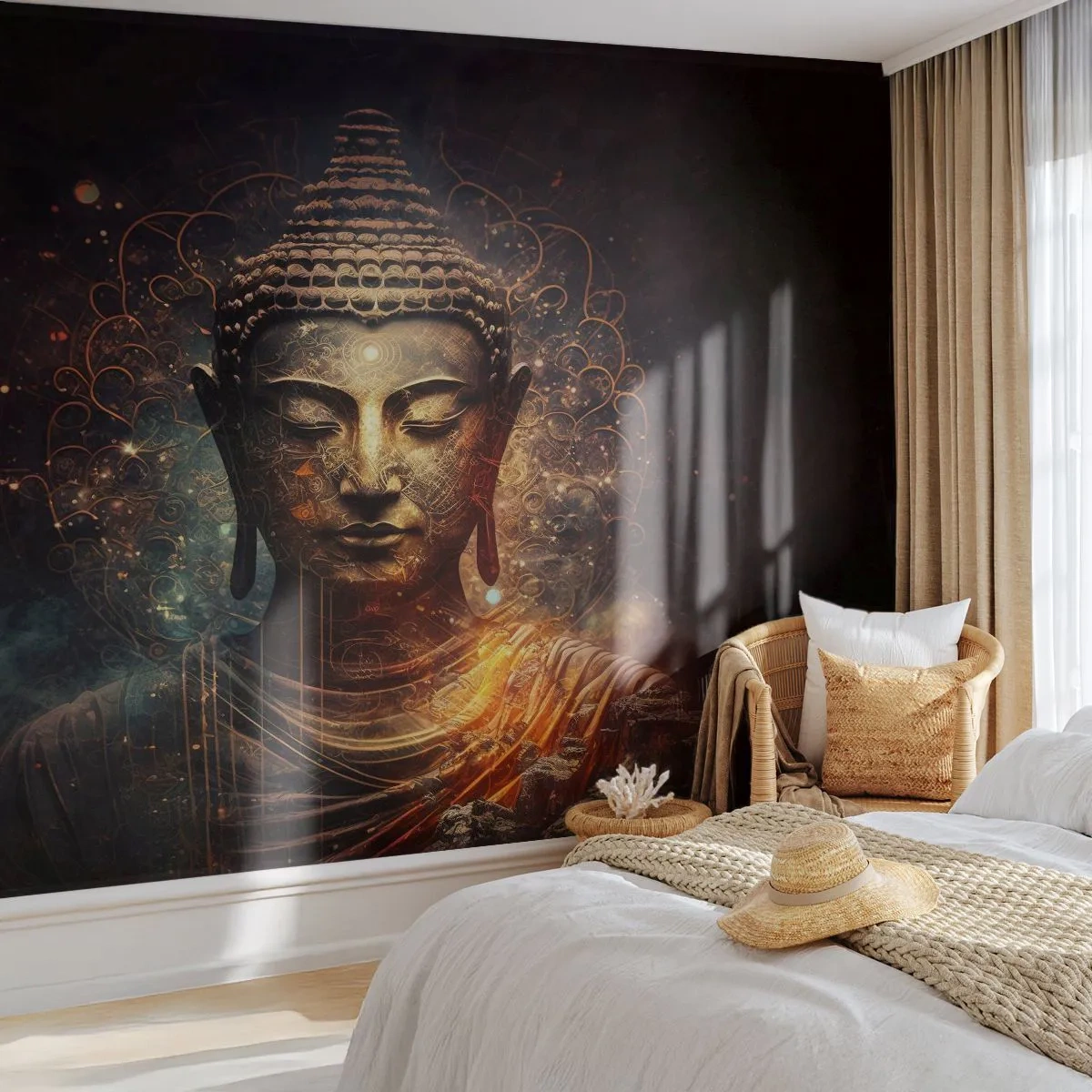 Papier Peint Photo Premium Sand - Une statue de Bouddha dorée dans une lumière mystique sur un fond sombre. - 100x70cm - Équilibre spirituel - Décoration murale moderne pour le salon et la chambre ARTTOR