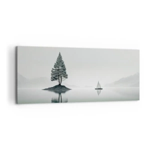 Impression sur toile - Image sur toile - Un paysage minimaliste avec un arbre sur une île et un voilier. - 120x50cm - Un rêve somnolent - Décoration murale moderne pour le salon et la chambre ARTTOR