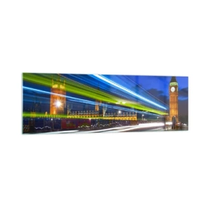 Impression sur verre - Image sur verre - Big Ben la nuit avec l'effet des lumières dans la circulation routière - 160x50cm - Sous l'œil de Big Ben - Décoration murale moderne pour le salon et la chambre ARTTOR