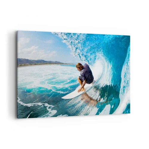 Impression sur toile - Image sur toile - Un surfeur dans une pose dynamique sur une vague dans une eau turquoise. - 120x80cm - Danse avec les vagues - Décoration murale moderne pour le salon et la chambre ARTTOR