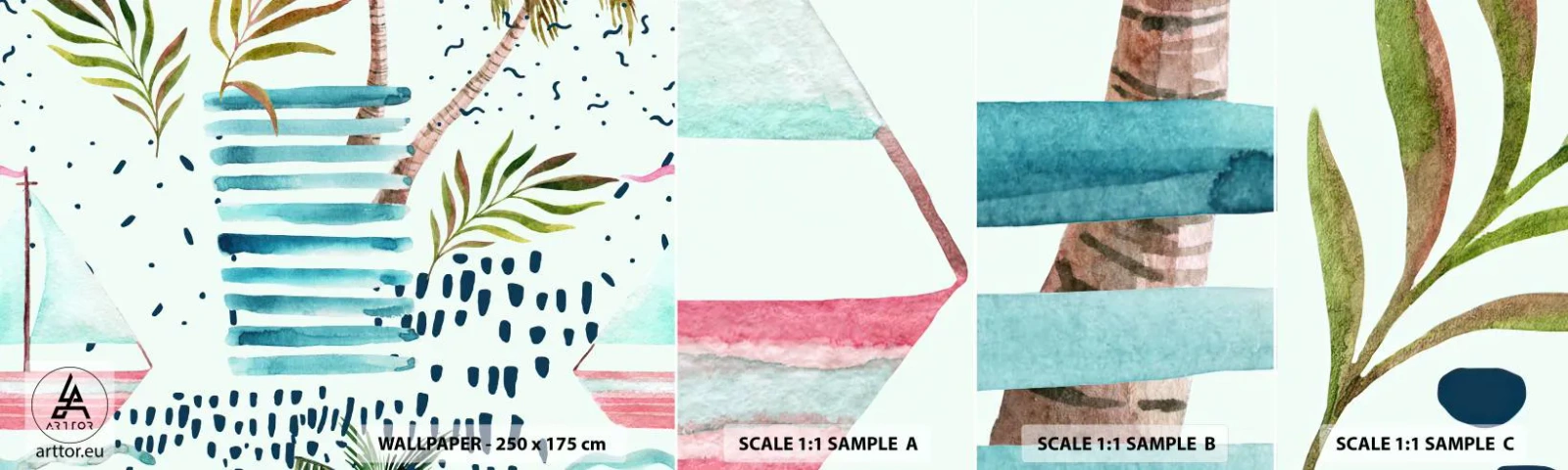 Échantillon De Papier Peint Standard Eco - Des vacances sous les palmiers - Aquarelles, Cocotier, Voilier - 100x30 cm