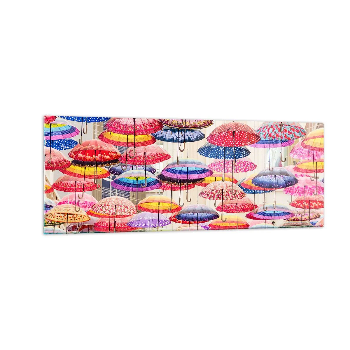 Impression sur verre - Image sur verre - Parapluies colorés suspendus dans les airs - 140x50cm - Prairie de la ville - Décoration murale moderne pour le salon et la chambre ARTTOR