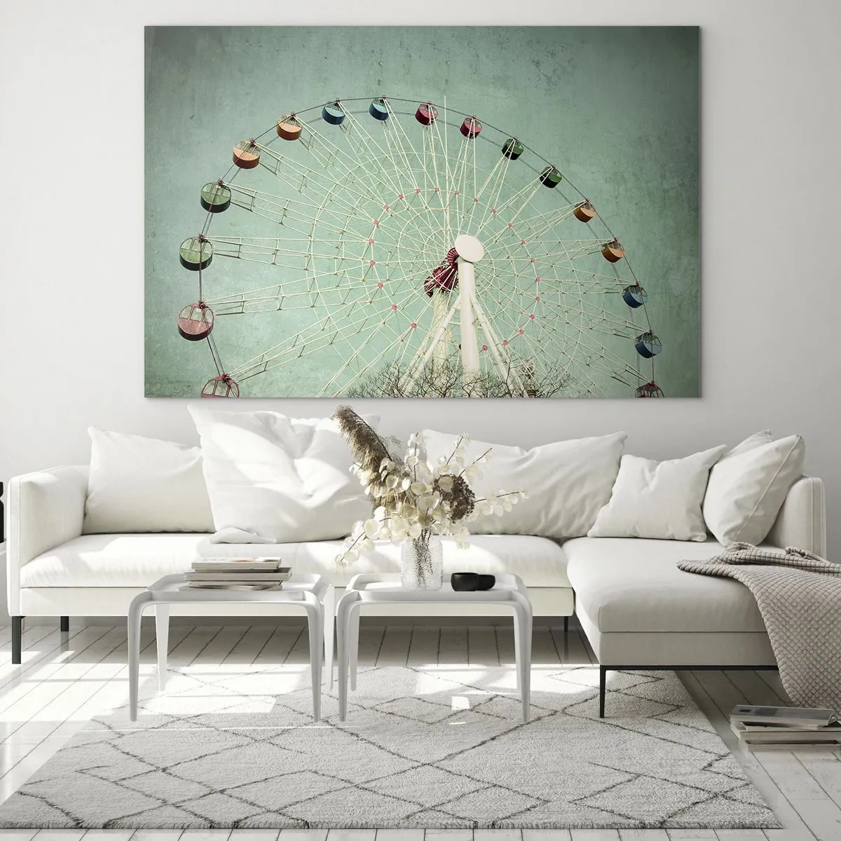 Impression sur verre - Image sur verre - Une grande roue colorée sur un fond vert pastel - 100x70cm - Nous vous invitons à vous amuser - Décoration murale moderne pour le salon et la chambre ARTTOR