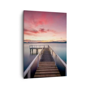 Impression sur toile - Image sur toile - Une jetée menant à un lac tranquille au coucher du soleil - 50x70cm - La douce flamme du soir - Décoration murale moderne pour le salon et la chambre ARTTOR