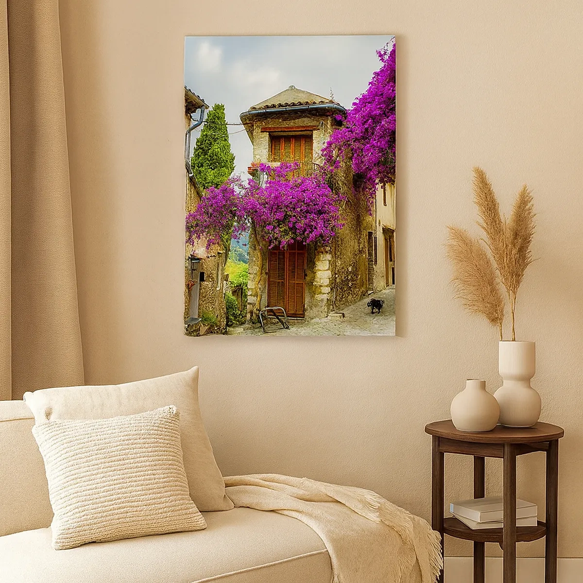 Impression sur toile - Image sur toile - Une rue en pierre avec des fleurs roses et des maisons - 50x70cm - Sous un dais fleuri - Décoration murale moderne pour le salon et la chambre ARTTOR
