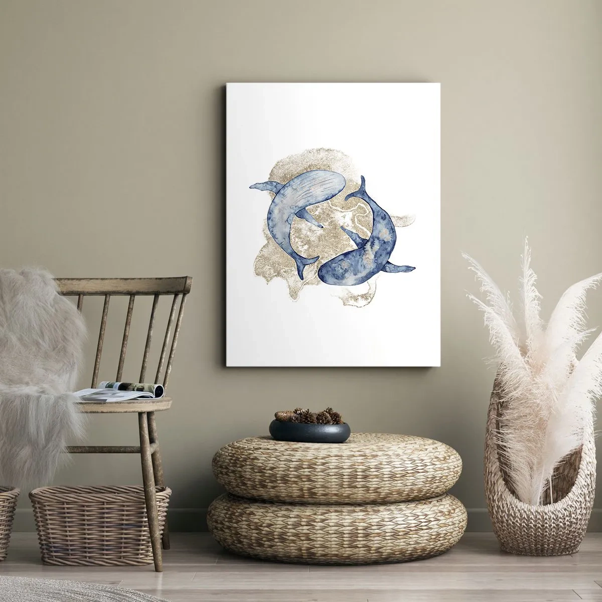 Impression sur toile - Image sur toile - Baleines bleues abstraites sur fond clair - 50x70cm - Amis ou amoureux? - Décoration murale moderne pour le salon et la chambre ARTTOR