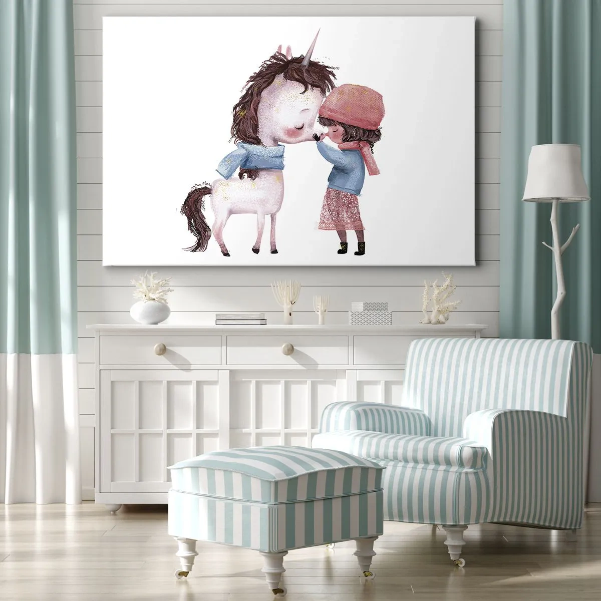 Impression sur toile - Image sur toile - Une fille et une licorne dans un paysage hivernal - 70x50cm - Histoire d'hiver - Décoration murale moderne pour le salon et la chambre ARTTOR