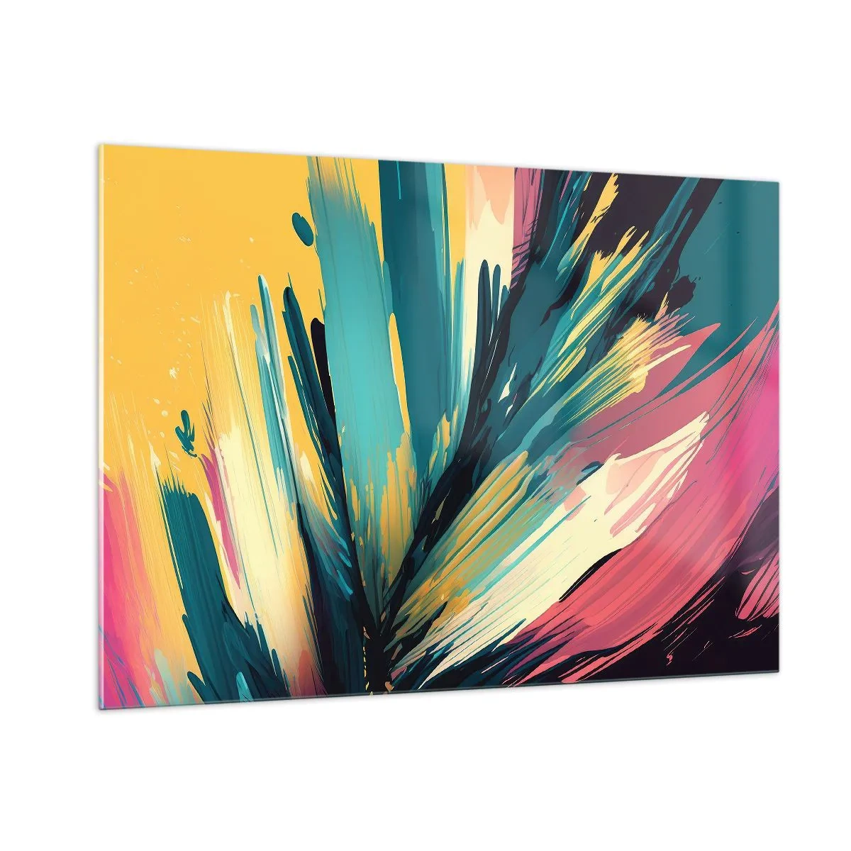 Impression sur verre - Image sur verre - Coups de pinceau dynamiques aux couleurs vibrantes - 100x70cm - Composition – une explosion de joie - Décoration murale moderne pour le salon et la chambre ARTTOR
