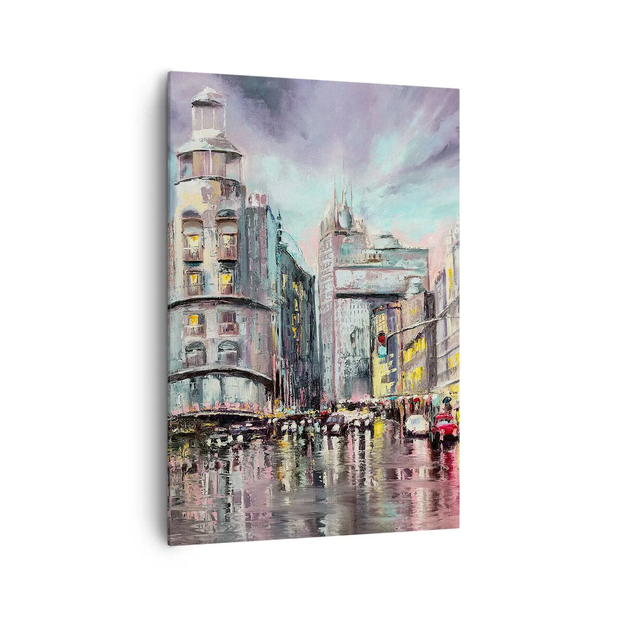 Impression sur toile - Image sur toile - Vue nocturne de la ville avec des reflets sur la rue mouillée - 70x100cm - Ce sera une soirée réussie - Décoration murale moderne pour le salon et la chambre ARTTOR