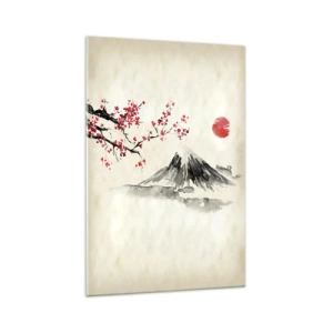 Impression sur verre - Image sur verre - Un paysage pittoresque avec une montagne, des cerisiers en fleurs et du soleil - 70x100cm - Tomber amoureux du Japon - Décoration murale moderne pour le salon et la chambre ARTTOR