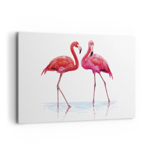 Impression sur toile - Image sur toile - Une paire de flamants roses dans l'eau sur un fond clair - 120x80cm - Rendez-vous rose - Décoration murale moderne pour le salon et la chambre ARTTOR