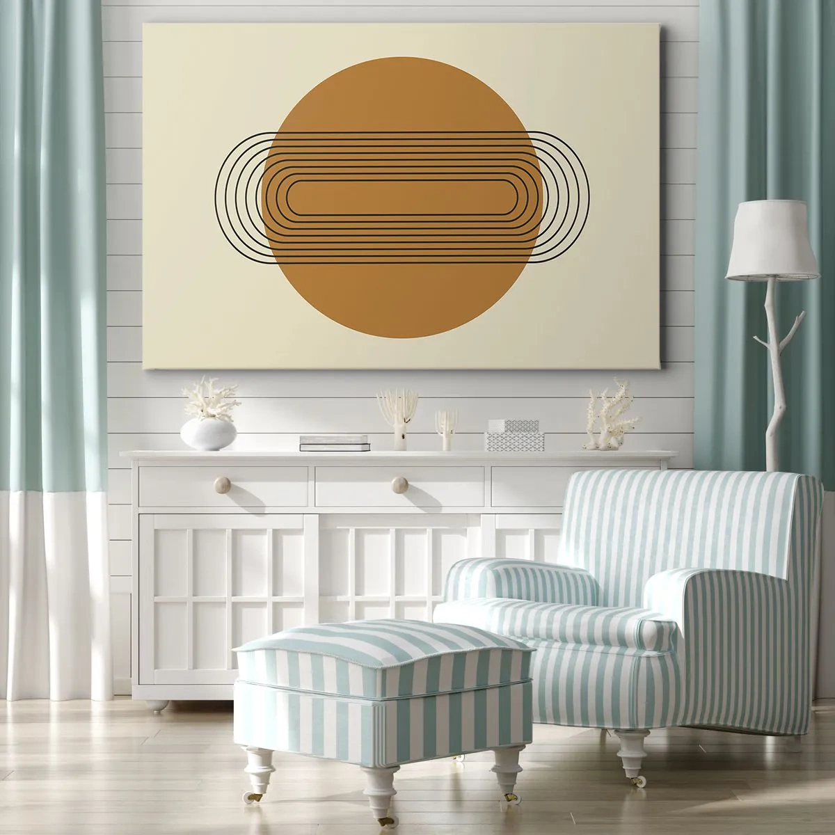 Impression sur toile - Image sur toile - Motif géométrique avec des cercles et des lignes orange - 70x50cm - Plan idéal - Décoration murale moderne pour le salon et la chambre ARTTOR