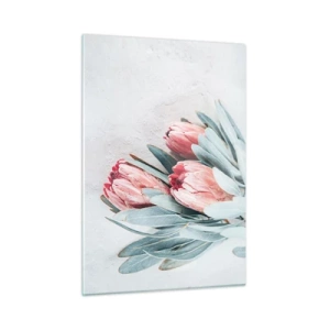 Impression sur verre - Image sur verre - Trois fleurs de protéa pastel avec des feuilles sur un fond clair - 50x70cm - Honte de leur propre beauté - Décoration murale moderne pour le salon et la chambre ARTTOR