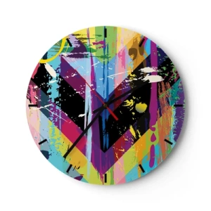 Horloge murale - Pendule murale - Cadran d'horloge avec un motif de cœur géométrique dans un style multicolore - 30x30cm - De haut en bas - Décoration murale moderne pour le salon, la cuisine et la chambre ARTTOR