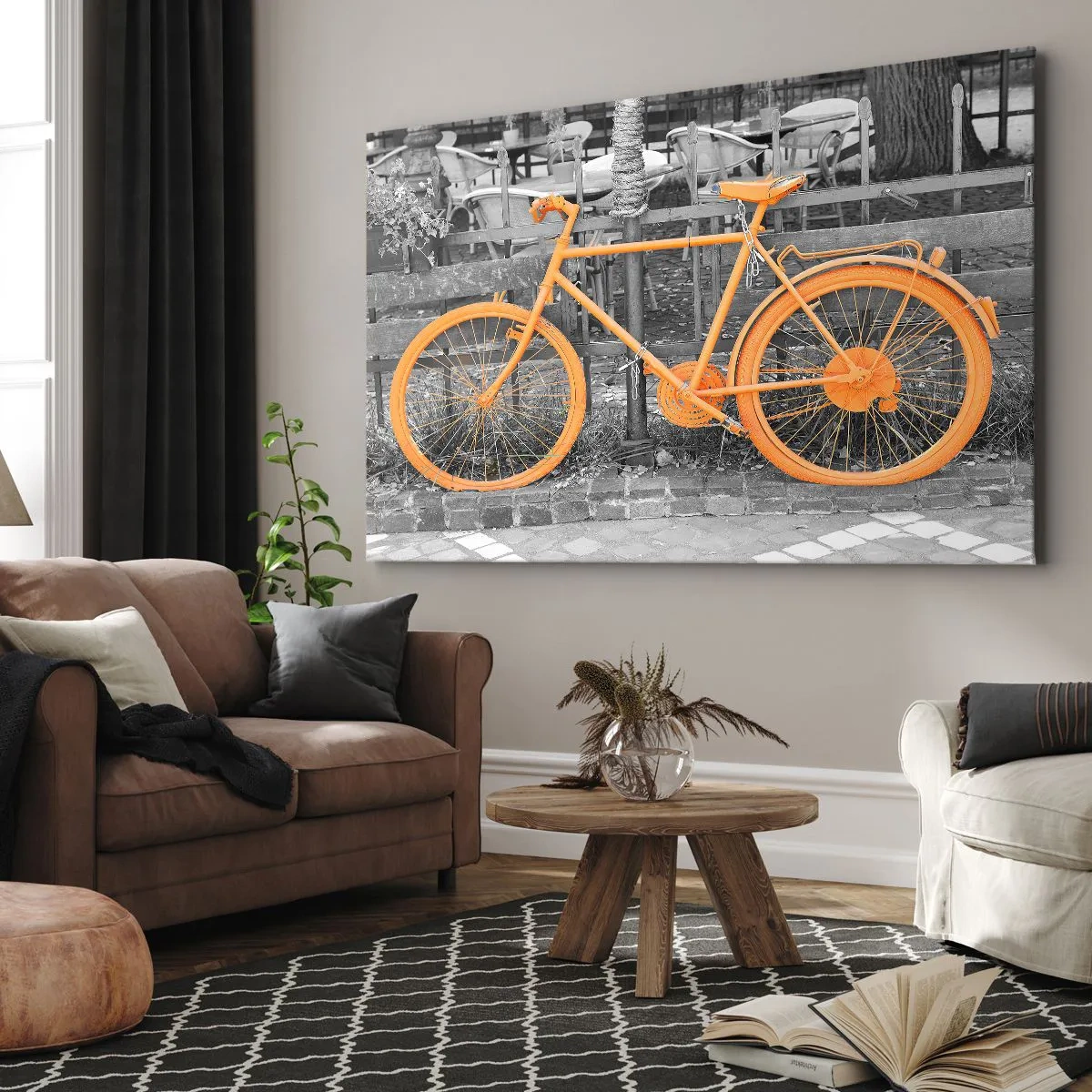 Impression sur toile - Image sur toile - Photographie artistique d'un vélo jaune sur fond noir et blanc - 100x70cm - Allez, je vais attendre ici - Décoration murale moderne pour le salon et la chambre ARTTOR