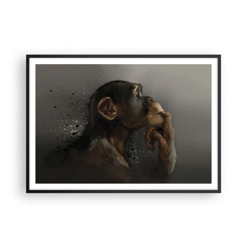 Affiche dans un cadre noir - Poster - Portrait d'un singe dans une pose réfléchissante sur fond gris - 100x70cm - Certainement un penseur - Décoration murale moderne pour le salon et la chambre ARTTOR
