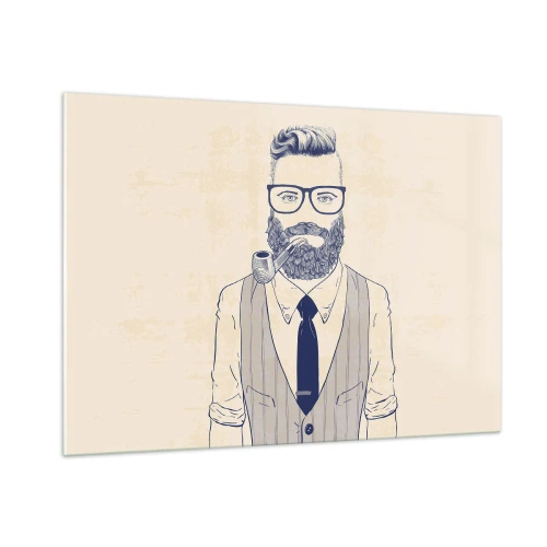 Impression sur verre - Image sur verre - Un homme stylisé avec une barbe, des lunettes et une pipe sur un fond clair. - 100x70cm - Gai, masculin et à la mode - Décoration murale moderne pour le salon et la chambre ARTTOR