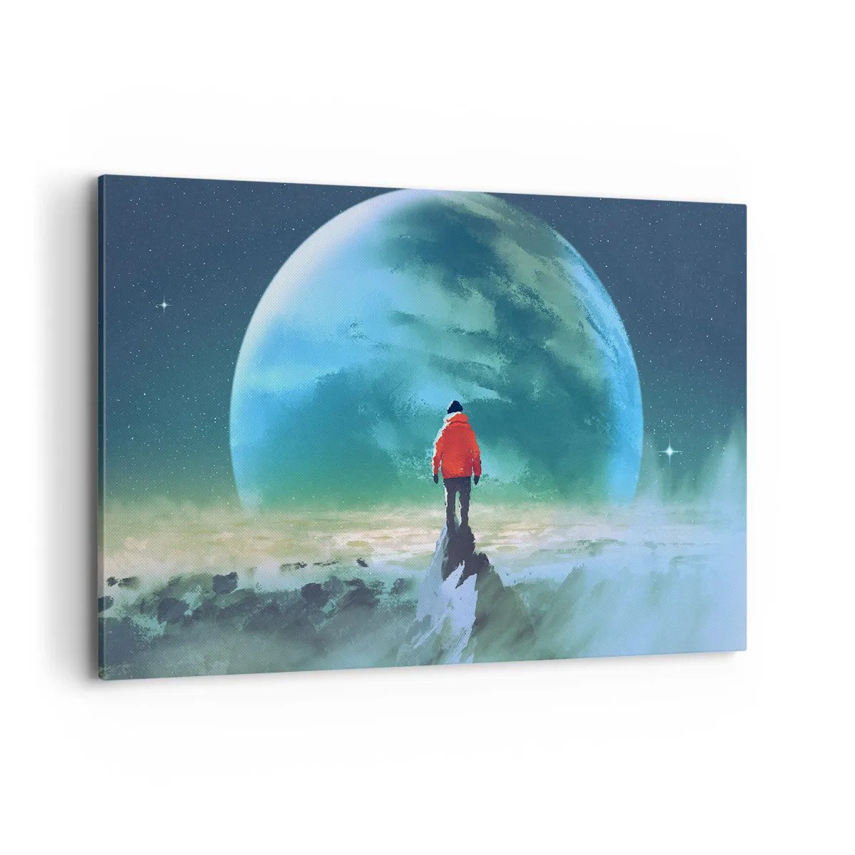 Impression sur toile - Image sur toile - Un homme portant une veste rouge debout devant une grande planète avec des étoiles en arrière-plan. - 120x80cm - Explorateur de la nouvelle terre - Décoration murale moderne pour le salon et la chambre ARTTOR