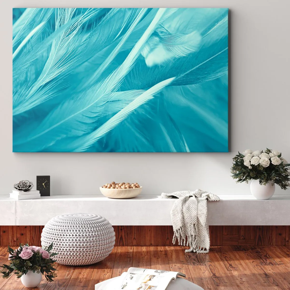 Impression sur toile - Image sur toile - Gros plan de délicates plumes turquoises - 70x50cm - Se noyer dans les plumes - Décoration murale moderne pour le salon et la chambre ARTTOR