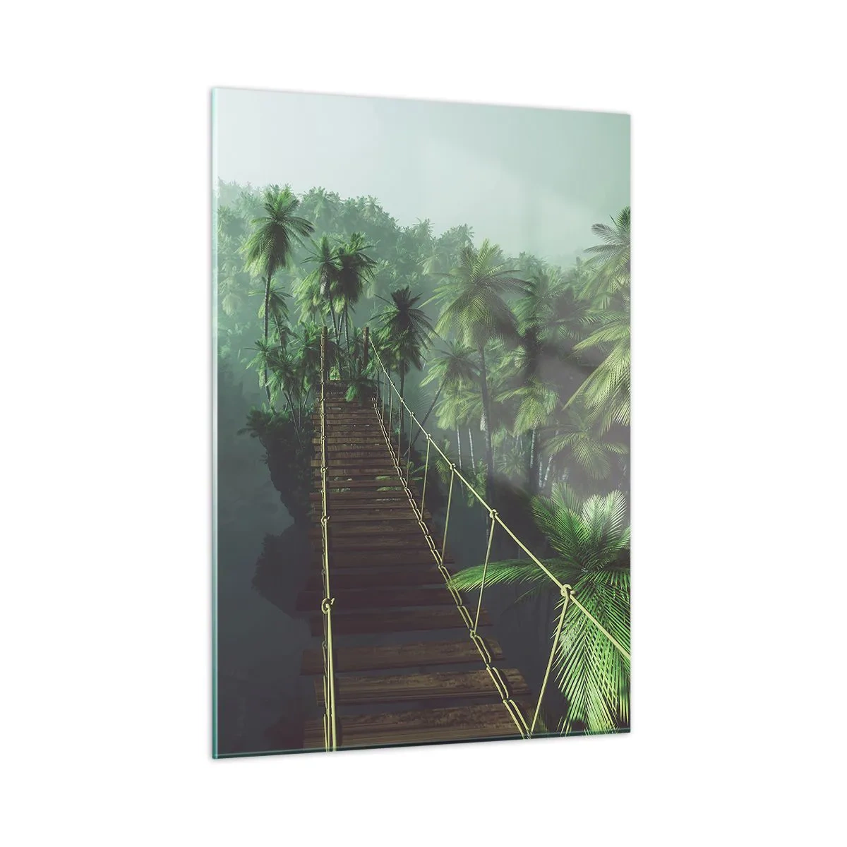 Impression sur verre - Image sur verre - Un pont de corde dans la jungle entouré de palmiers - 50x70cm - Au fil de la verdure - Décoration murale moderne pour le salon et la chambre ARTTOR
