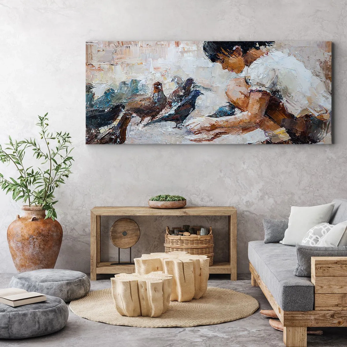 Impression sur toile - Image sur toile - Une fille nourrissant des oiseaux dans un style pictural - 120x50cm - Les plus petits et les plus gentils - Décoration murale moderne pour le salon et la chambre ARTTOR