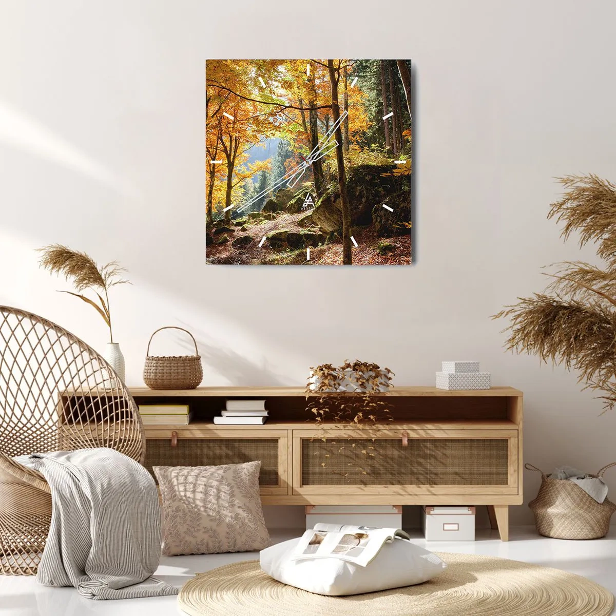 Horloge murale - Pendule murale - Une forêt d'automne pleine de feuilles dorées et de soleil - 30x30cm - Il est temps de se détendre - Décoration murale moderne pour le salon et la chambre ARTTOR