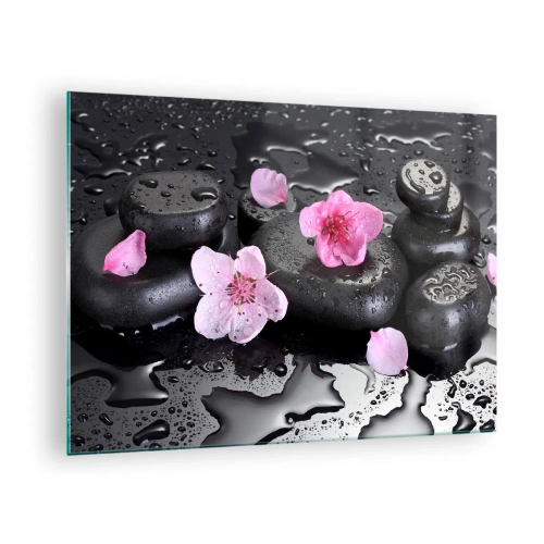 Impression sur verre - Image sur verre - Pierres de spa avec des fleurs sur un fond humide - 70x50cm - Et le cœur s'allège soudainement - Décoration murale moderne pour le salon et la chambre ARTTOR