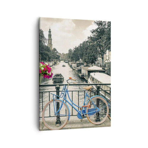 Impression sur toile - Image sur toile - Un pont avec des vélos et des fleurs sur un canal à Amsterdam - 50x70cm - Couleurs de rue d'Amsterdam - Décoration murale moderne pour le salon et la chambre ARTTOR