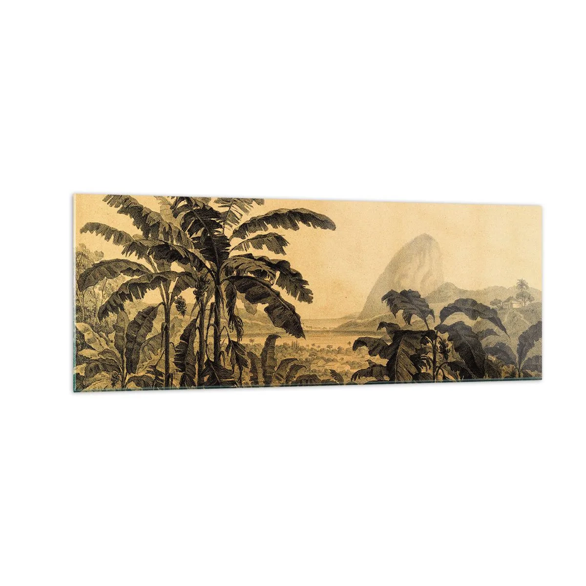 Impression sur verre - Image sur verre - Dessin de bananiers sur fond de paysage tropical - 140x50cm - Dans un climat colonial - Décoration murale moderne pour le salon et la chambre ARTTOR