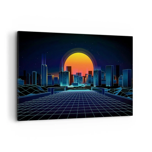 Impression sur toile - Image sur toile - Horizon urbain futuriste de style néon - 120x80cm - Vous voulez toujours passer au réel ? - Décoration murale moderne pour le salon et la chambre ARTTOR