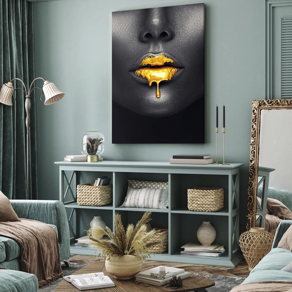 Impression sur toile - Image sur toile - Portrait noir et or d'une femme avec une goutte d'or sur les lèvres - 80x120cm - Bouche d'or - Décoration murale moderne pour le salon et la chambre ARTTOR