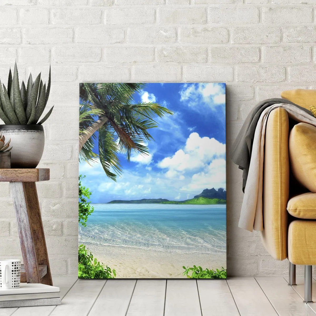 Impression sur toile - Image sur toile - Plage tropicale avec palmiers et vue sur l'île - 70x100cm - L'azur des tropiques - Décoration murale moderne pour le salon et la chambre ARTTOR