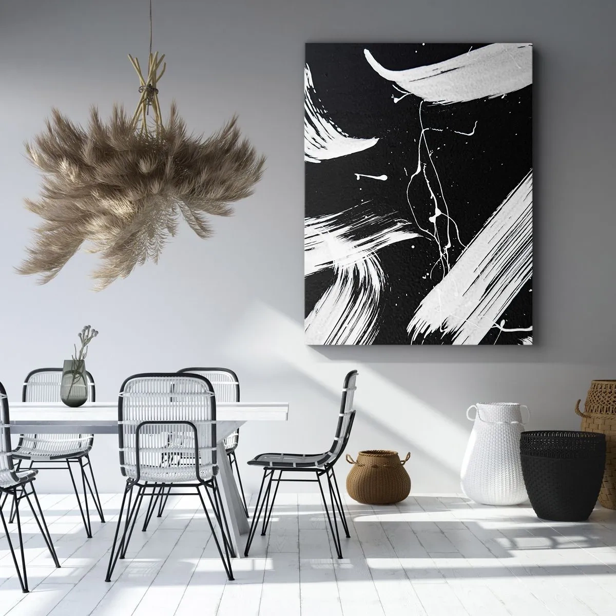 Impression sur toile - Image sur toile - Traits blancs abstraits sur fond noir - 50x70cm - Briser les ténèbres - Décoration murale moderne pour le salon et la chambre ARTTOR