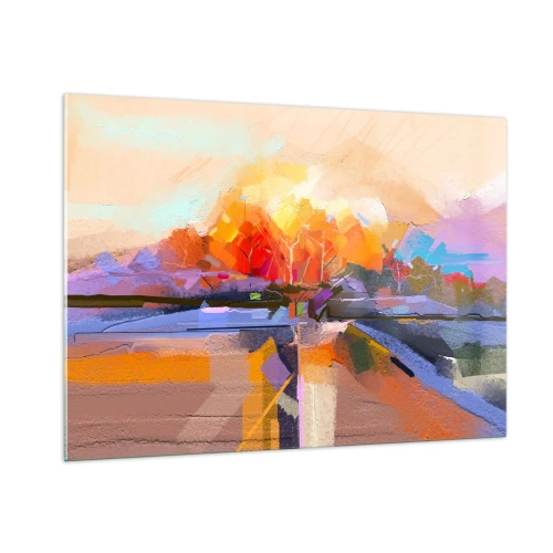 Impression sur verre - Image sur verre - Paysage abstrait avec un coucher de soleil et des champs colorés - 100x70cm - L'automne est arrivé - Décoration murale moderne pour le salon et la chambre ARTTOR