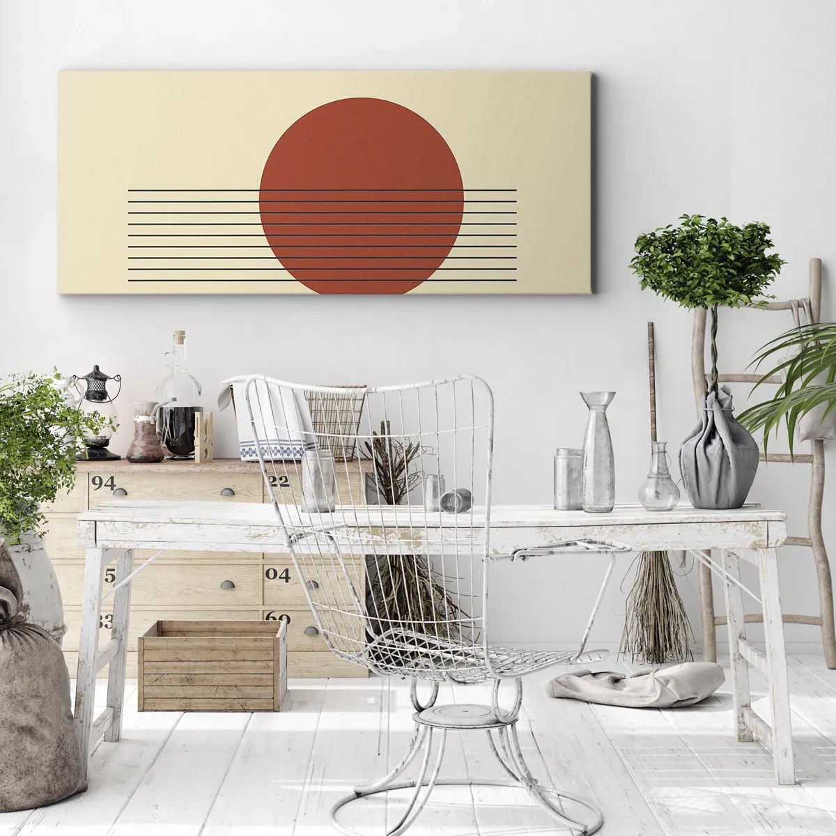 Impression sur toile - Image sur toile - Cercle rouge abstrait avec des lignes sur fond beige. - 120x50cm - Aux alentours et plus loin - Décoration murale moderne pour le salon et la chambre ARTTOR