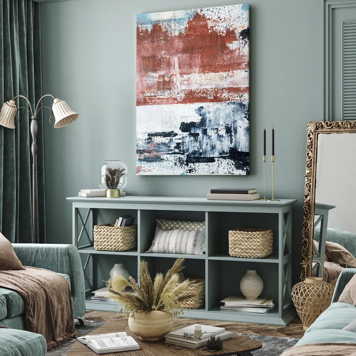 Impression sur toile - Image sur toile - Abstraction aux couleurs blanc, bleu et brique - 70x100cm - Moitié-moitié abstrait - Décoration murale moderne pour le salon et la chambre ARTTOR