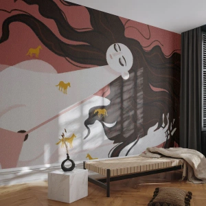 Papier Peint Autocollant Deluxe Sticker - Rêve d'un cheval d'or - Femme, Portrait, Minimalisme - 450x315 cm