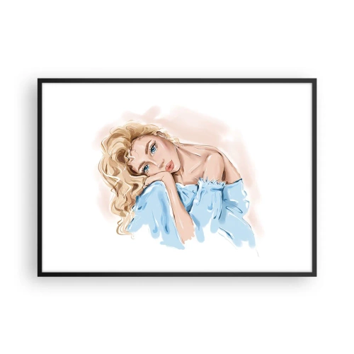 Affiche dans un cadre noir - Poster - Portrait d'une femme en robe bleue aux cheveux blonds - 100x70cm - Rêveuse en bleu - Décoration murale moderne pour le salon et la chambre ARTTOR