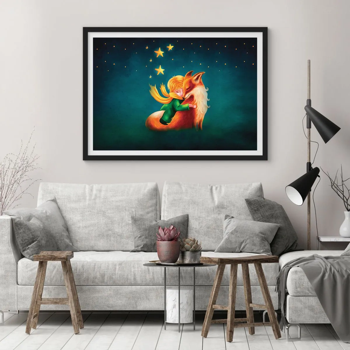 Affiche dans un cadre noir - Poster - Un garçon avec un renard dans un décor magique avec des étoiles - 70x50cm - Petit Prince - Décoration murale moderne pour le salon et la chambre ARTTOR
